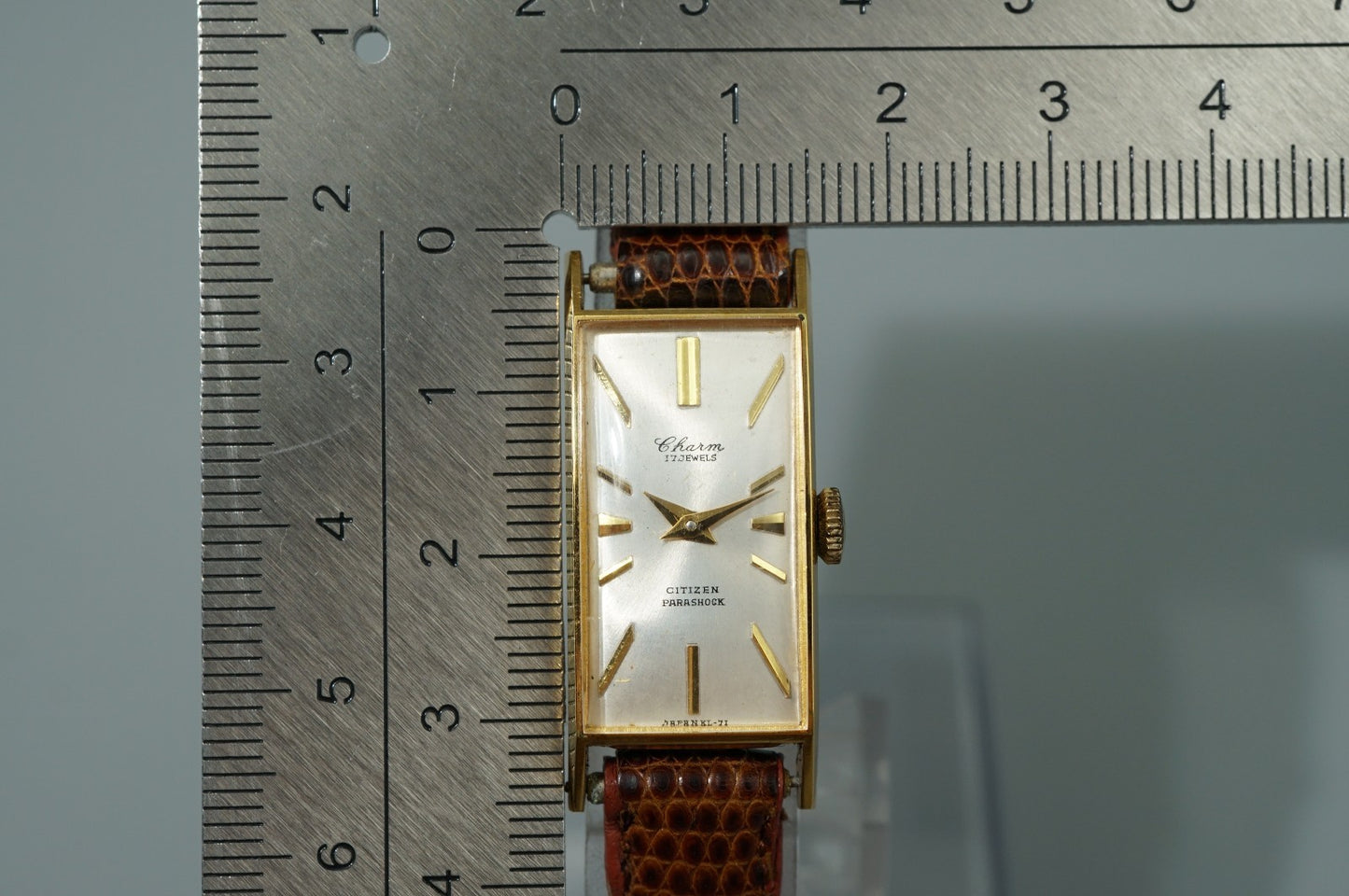 Exc+5 Vintage 1976 CITIZEN PARASHOCK 51506 Qz Silver Rectangle 15mm Women Watch