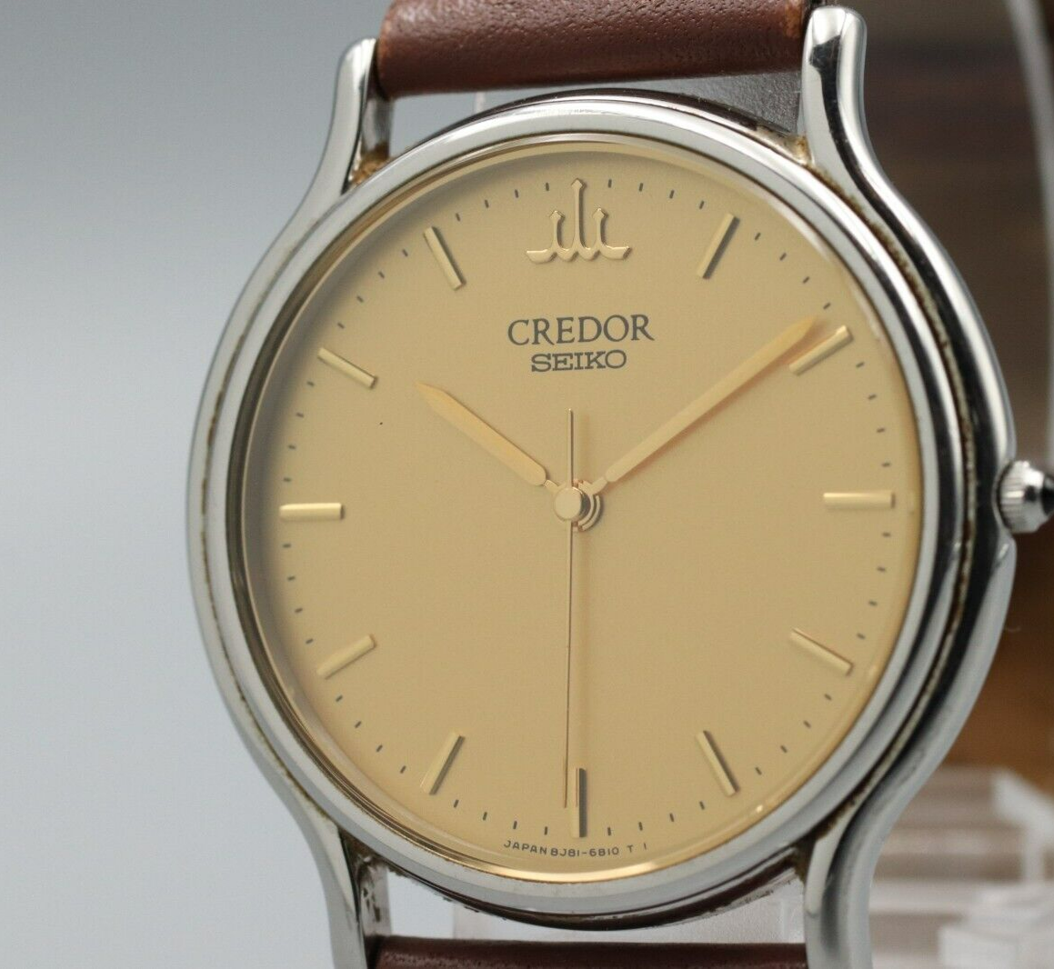 *NEAR MINT* Vintage SEIKO Credor 8J81-6A30 Quartz Gold Dial Round Mens Watch