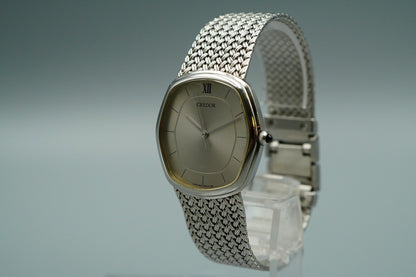 N MINT Vintage SEIKO CREDOR 5931-5230 Quartz Silver Dial Hexagon 30mm Mens Watch