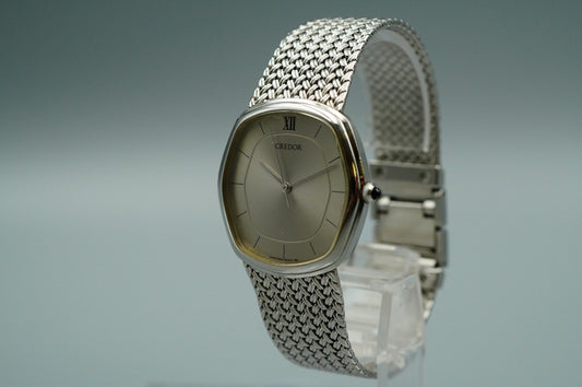 N MINT Vintage SEIKO CREDOR 5931-5230 Quartz Silver Dial Hexagon 30mm Mens Watch