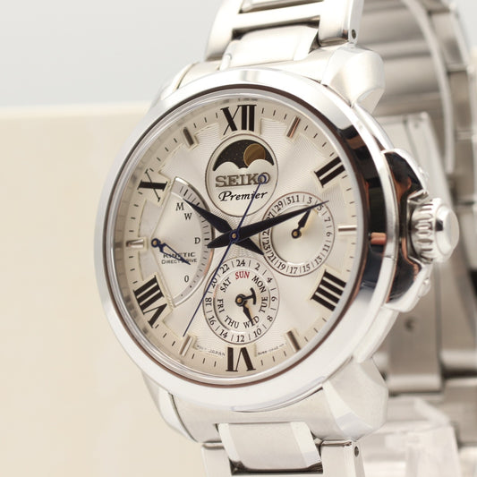 *MINT* SEIKO Premier Kinetic Moon Phase 5D88-0AH0 Quartz White 42mm Mens Watch