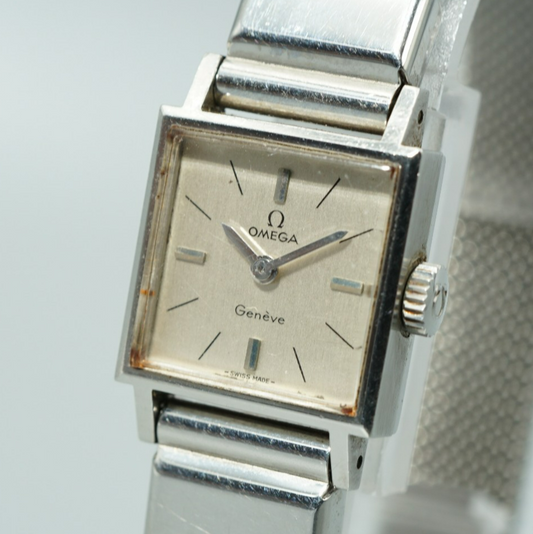 N MINT Vintage 1969 OMEGA Geneve Hand Wind Silver Square 17mm Women Watch