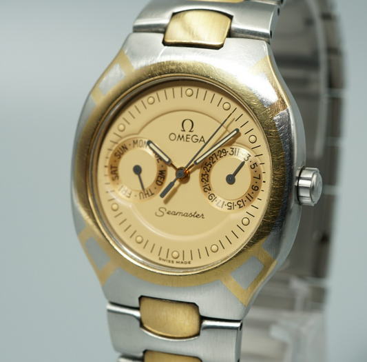N MINT Vintage 1991 OMEGA Seamaster Cal.1444 Qz Gold Dial Round 31mm Mens Watch