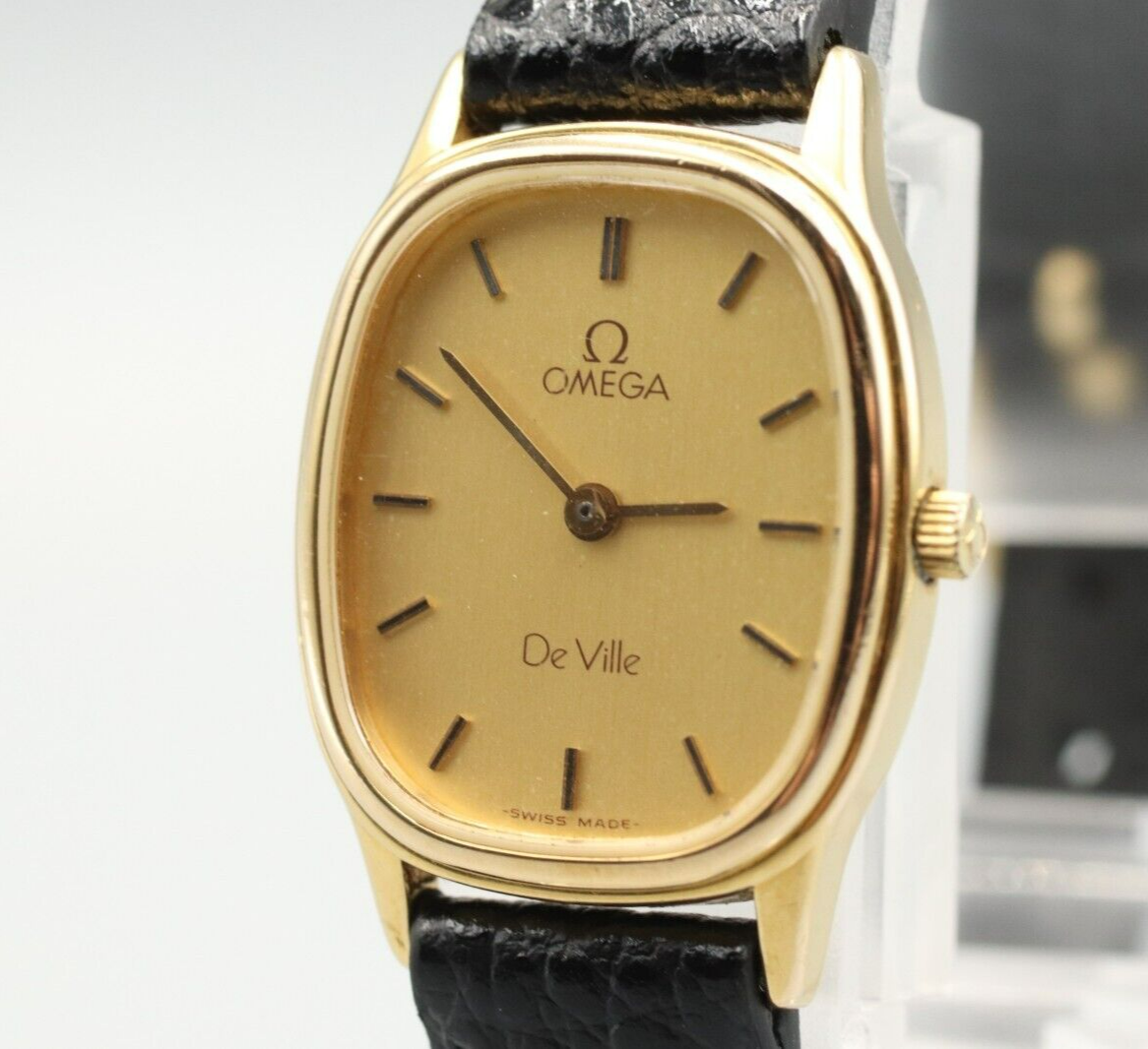 *Exc+5* Vintage OMEGA De Ville Cal.1450 Quartz Gold Dial Rectangle Women Watch