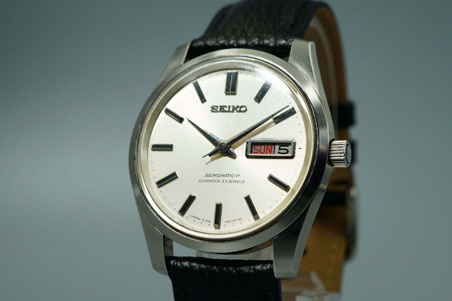 *N MINT* Vintage 1967 SEIKO MATIC-P 5106-8010 AT Silver Round 36mm Mens Watch