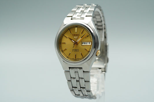 *NEAR MINT* Vintage SEIKO 5 7S26-01T0 Automatic Gold Dial Round 36mm Mens Watch