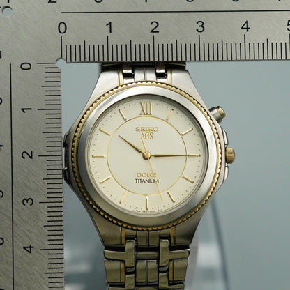 *N MINT* SEIKO DOLCE 4N21-0010 Titanium Quartz Gold Dial Round 35mm Mens Watch