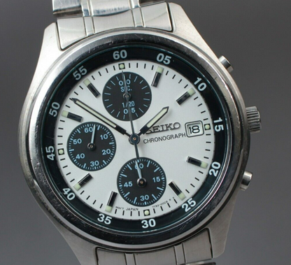 *N MINT* Vintage SEIKO Chronograph 7T92-0CC0 Panda White Dial Quartz Mens Watch