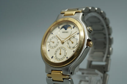 Vintage 1988 SEIKO Presage Moonphase 7F38-6040 Quartz White 35mm Mens Watch
