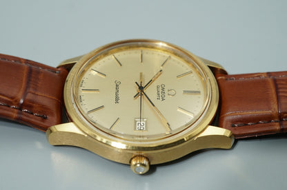 *NEAR MINT* Vintage 1977 OMEGA Seamaster Cal.1342 Qz Gold Round 35mm Mens Watch
