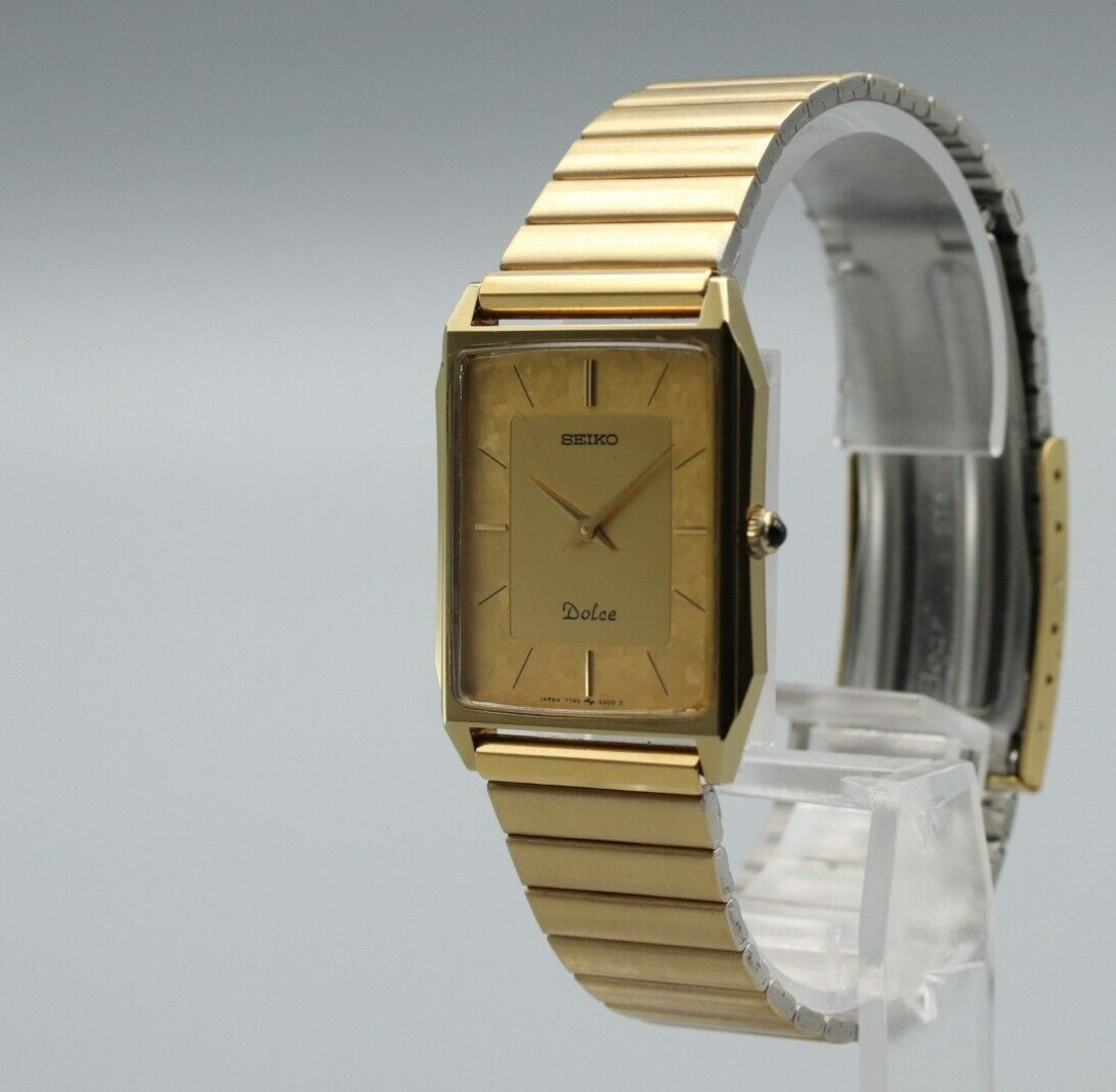 *MINT* Vintage SEIKO Dolce 7740-5000 Quartz Gold Dial Rectangle Mens Watch