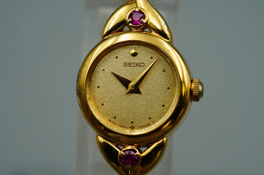 *NEAR MINT* Vintage SEIKO 1E20-0430 Quartz Gold Dial Round 15 mm Women Watch