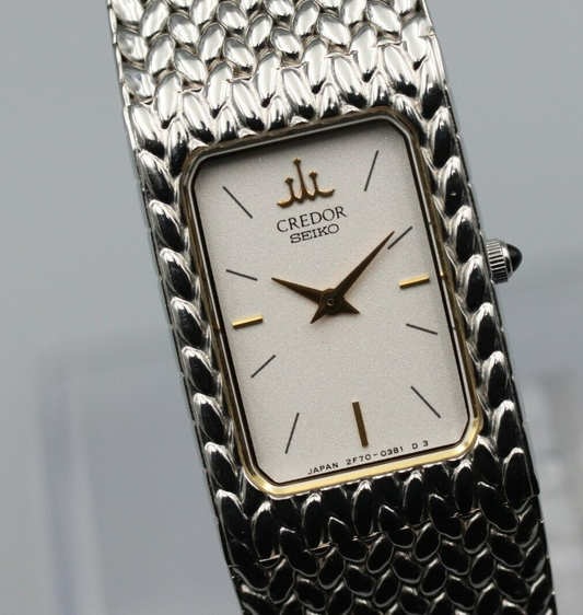 **N MINT* Vintage SEIKO Credor 2F70-5341 Quartz White Dial Rectangle Women Watch