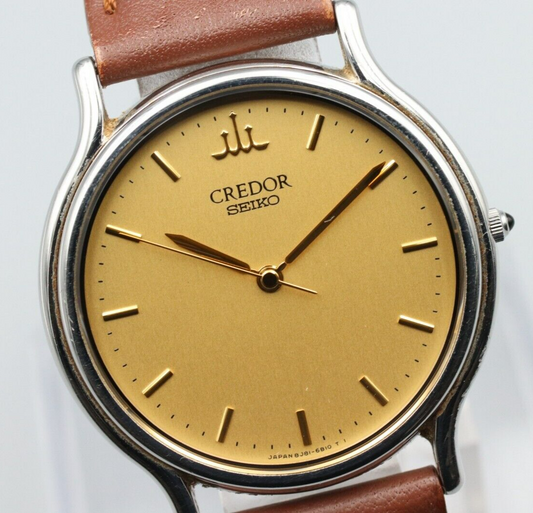 *NEAR MINT* Vintage SEIKO Credor 8J81-6A30 Quartz Gold Dial Round Mens Watch