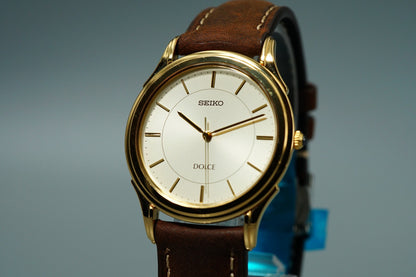 *MINT* Vintage 1998 SEIKO Dolce 5E31-7A40 Quartz Gold Dial Round 34mm Mens Watch