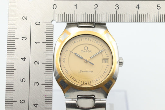*NEAR MINT* Vintage OMEGA Seamaster Polaris Quartz Gold Dial Round Mens Watch