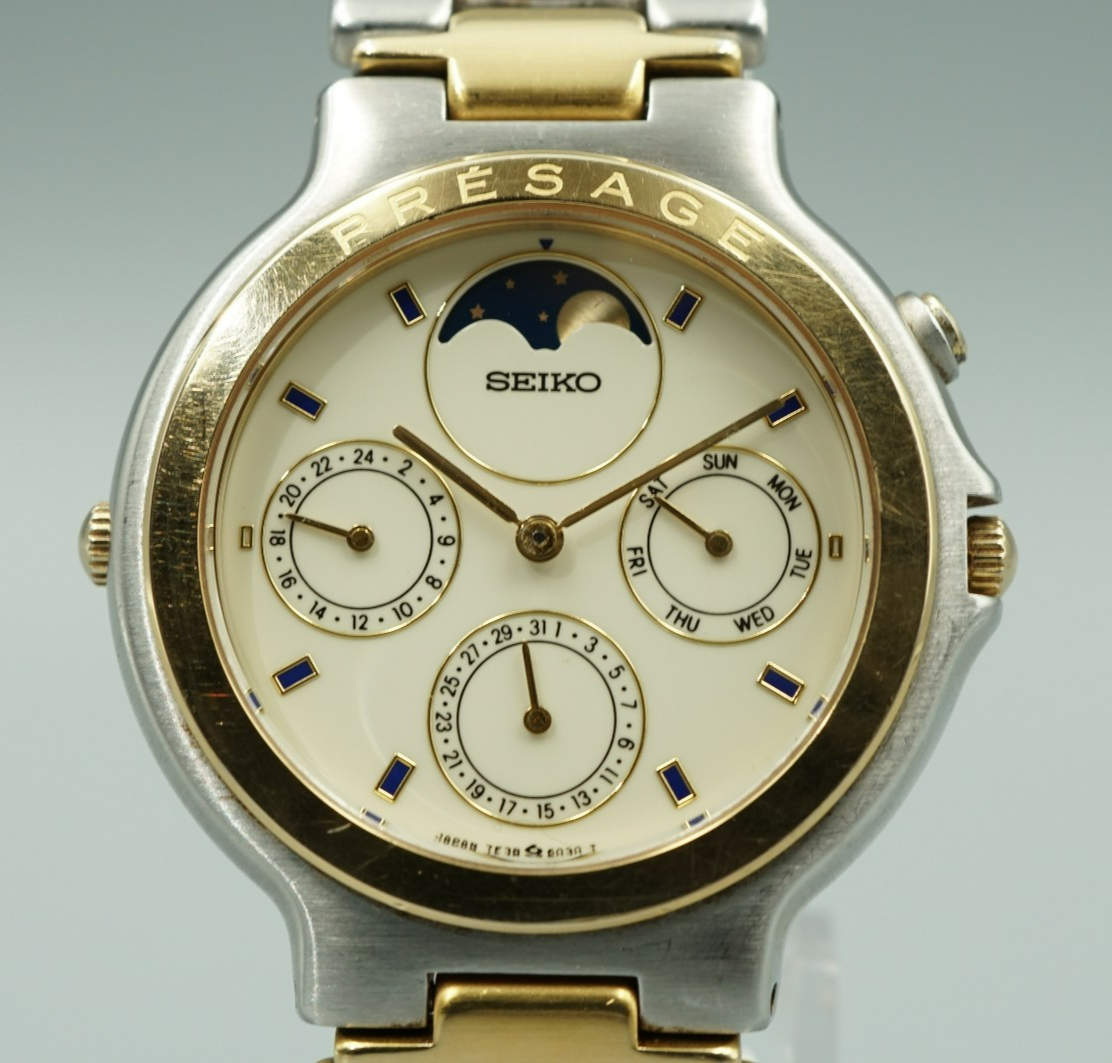 Vintage 1988 SEIKO Presage Moonphase 7F38-6040 Quartz White 35mm Mens Watch