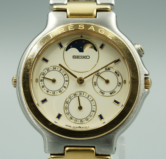 Vintage 1988 SEIKO Presage Moonphase 7F38-6040 Quartz White 35mm Mens Watch