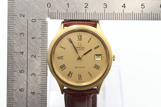*N MINT* Vintage OMEGA De Ville Cal.1325 Quartz Gold Dial Round 35mm Mens Watch