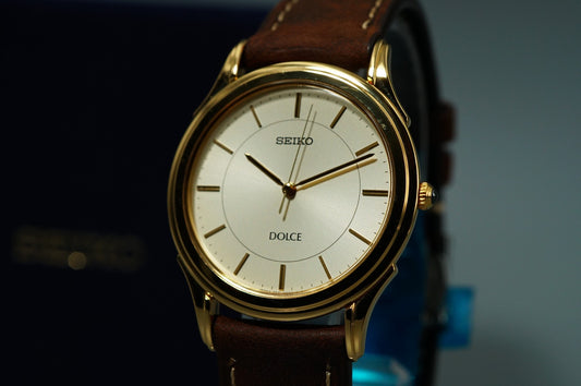 *MINT* Vintage 1998 SEIKO Dolce 5E31-7A40 Quartz Gold Dial Round 34mm Mens Watch