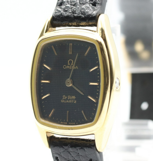 *N MINT* Vintage OMEGA DeVille Cal.1353 Qz Black Dial Rectangle 19mm Women Watch