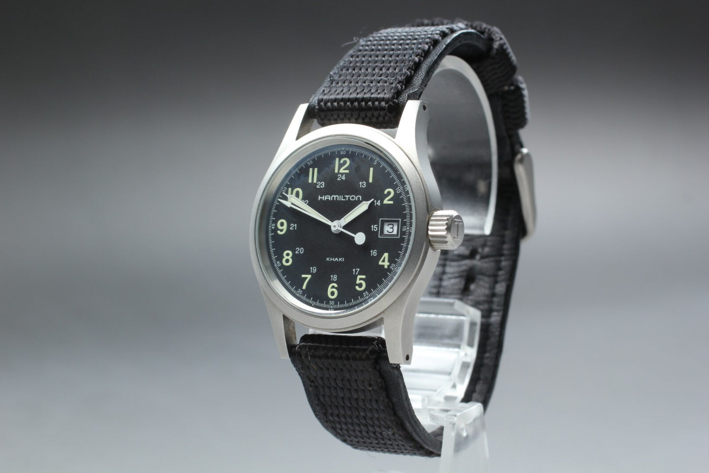 *TOP MINT* HAMILTON KHAKI H683110 Quartz Black Dial Date Round 33mm Mens Watch