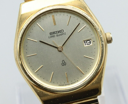 *Exc+4* Vintage SEIKO LOAD Quartz 8242-6000 Silver Dial Round Date Mens Watch